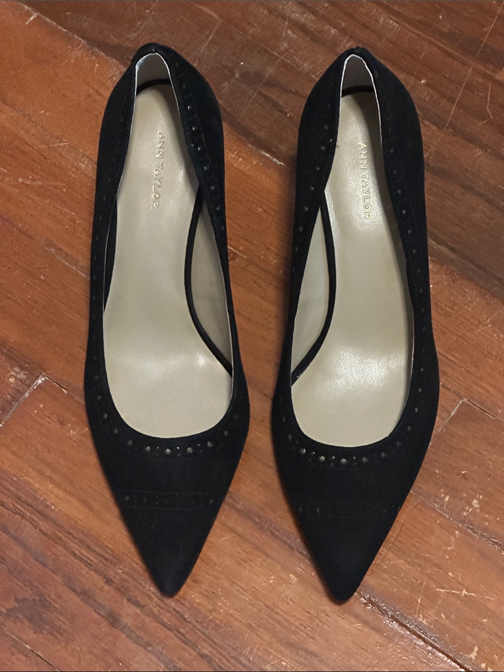 Ann Taylor Black Pointed Toe Heels With Perforated Detail
